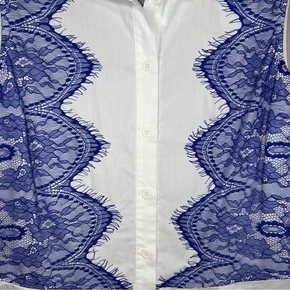 NEW PIXLEY MEDIUM BUTTON FRONT TOP WHITE BLUE LACE SLEEVELESS COTTON PEPLUM - Picture 4 of 11